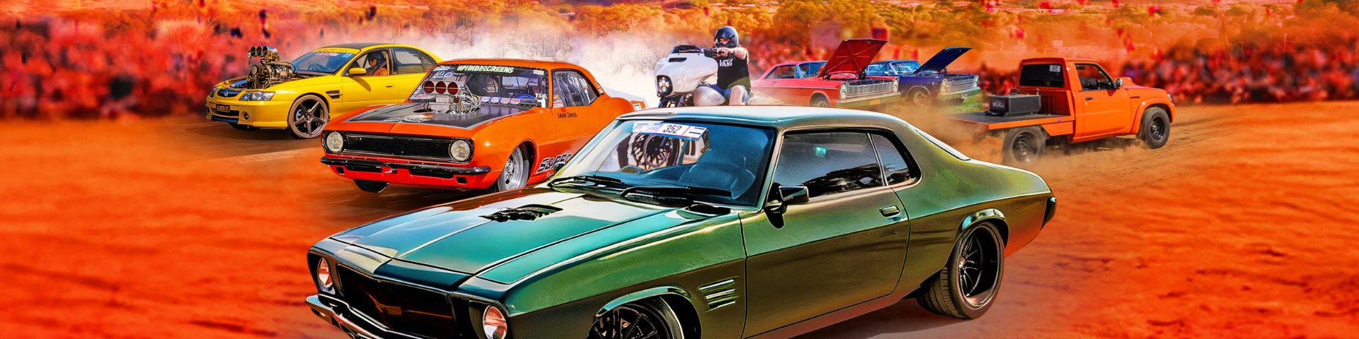 Lineup of modified cars and utes -- yellow, orange and green coupes, a motorcyclist, and an orange ute -- kicking up dust on red desert ground.